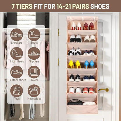 7 Tier Over The Door Shoe Organizer, Hanging Shoe Rack for Closet with Dustproof Mesh Curtain & 6 Side Pockets, Behind The Door Narrow Shoe Holder Hanger for Sneakers, Boots (Beige)