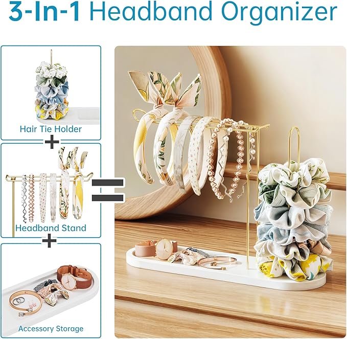NiHome Headband Holder with Solid Pine Wood Base and Metal Rack, Large Capacity Hair Accessory Organizer for Headbands, Scrunchies, Bracelets, Watches, Glasses, Space-Saving Design for Vanity, Dresser