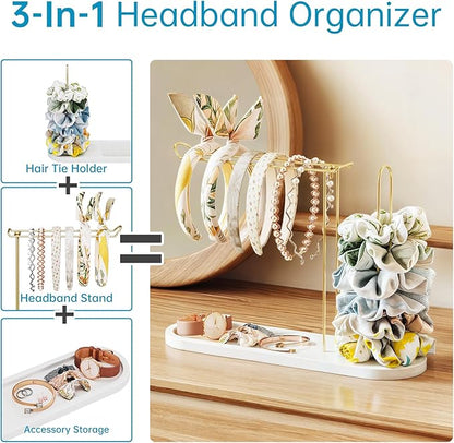 NiHome Headband Holder with Solid Pine Wood Base and Metal Rack, Large Capacity Hair Accessory Organizer for Headbands, Scrunchies, Bracelets, Watches, Glasses, Space-Saving Design for Vanity, Dresser