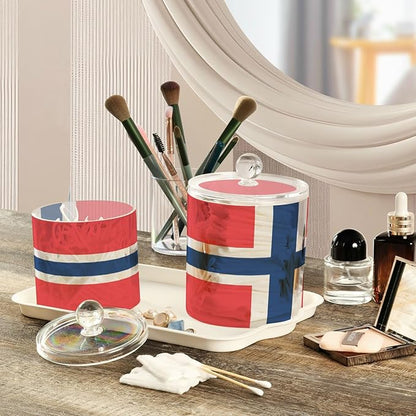 DOMIKING Norway Flag 2 Pack Bathroom Canisters Cotton Swab Holder Dispenser Plastic Cotton Ball Jar Acrylic Storage Containers for Floss Cotton Ball Makeup Sponges