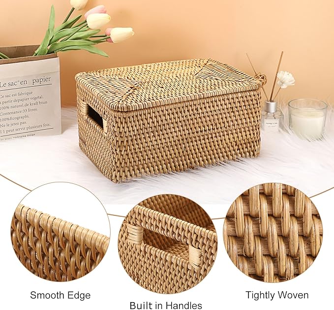 Hipiwe Rattan Basket with Lid Rectangular Lidded Basket Natural Hand-Woven Wicker Storage Basket Bin for Shelf Organizing Picnic Food Bread Table Storage Basket, 12"x7.9"x 5.9"