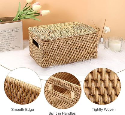 Hipiwe Rattan Basket with Lid Rectangular Lidded Basket Natural Hand-Woven Wicker Storage Basket Bin for Shelf Organizing Picnic Food Bread Table Storage Basket, 12"x7.9"x 5.9"