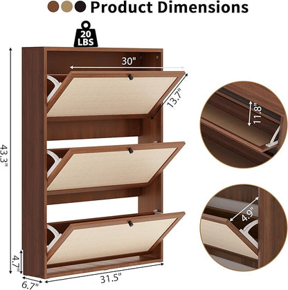 AVZEAR Narrow Shoe Storage Cabinet for Entryway with Natural Linen Panel, Freestanding Slim Shoe Cabinet with 3 Flip Drawers, Wood Shoe Organizer Closed Shoe Rack for Hallway, Living Room(Walnut)