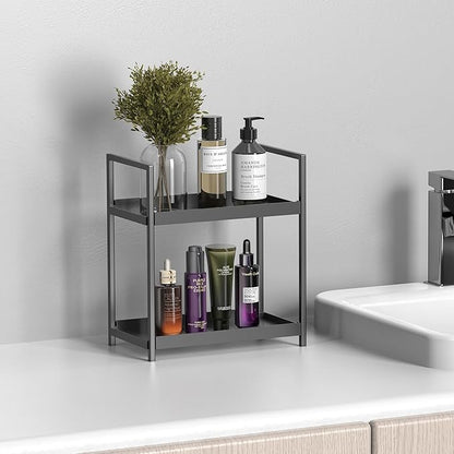 Bathroom Organizer Countertop, 2 Tier Counter Storage Shelf for Makeup Perfume Skincare Cosmetic Beauty Product, Small Vanity Countertop Tray Stand Rack Holder for Mens Bathroom Sink Dresser, Black
