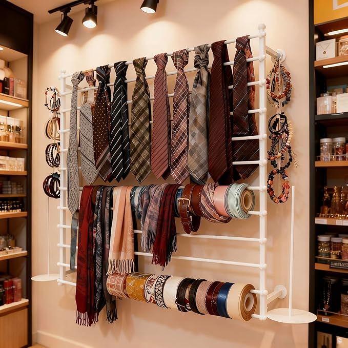 12 Layers 120cm White Wall Display Stand Wrapping Paper Ribbon Organizer Holder Storage Scarf Tie Belt Towel Spool Sewing Tool Hijab Metal Shelving for Home, Retail Stores, Flower Shop, Studio