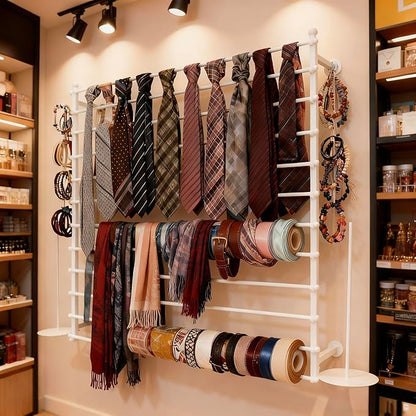 12 Layers 120cm White Wall Display Stand Wrapping Paper Ribbon Organizer Holder Storage Scarf Tie Belt Towel Spool Sewing Tool Hijab Metal Shelving for Home, Retail Stores, Flower Shop, Studio