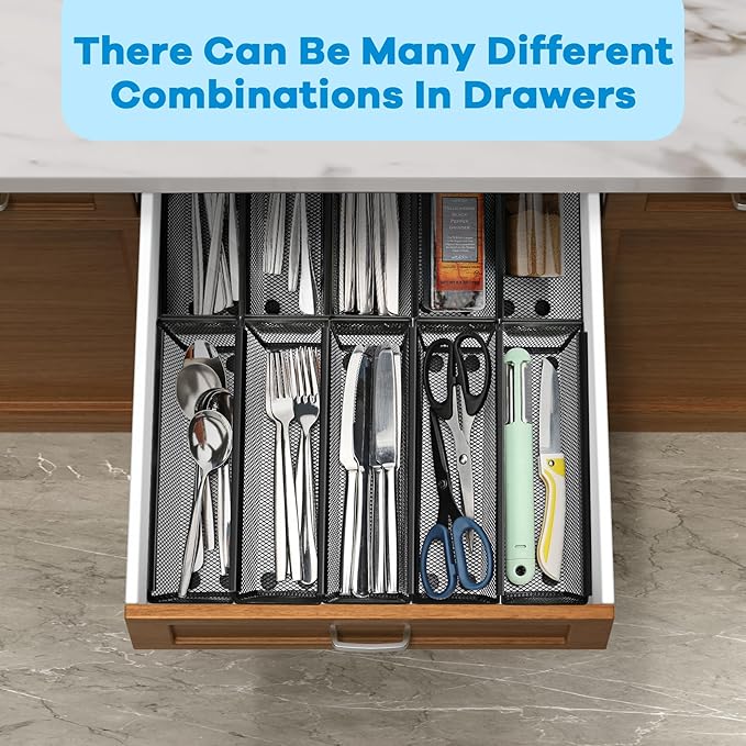 Silverware Organizer for Drawer, Utensil Drawer Organizer, 2 Pack Silverware Drawer Organizer Tray, Organizadores De Cocina, Flatware Organizer for Drawer with Interlocking Arm