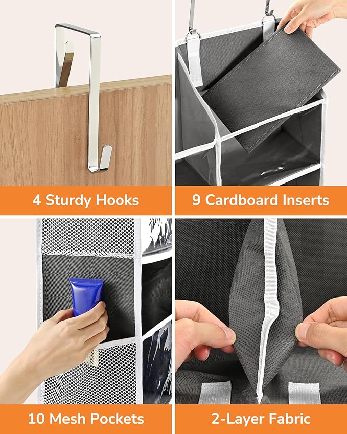 ULG Over the Door Organizer, 5-Tier Extra Large Hanging Storage with 10 Mesh Pockets, 100 lbs Capacity, Heavy Duty Door Organizer for Closet, Bedroom,Grey