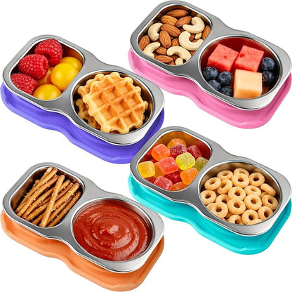 4-Pack Stainless Steel Snack Containers with Lid, Salad Dressing Container To Go, 5.3Oz 2-Compartment Small Condiment Container with Leak Proof Silicone Lid, Perfect Size Reusable Sauce Cup Snack Box