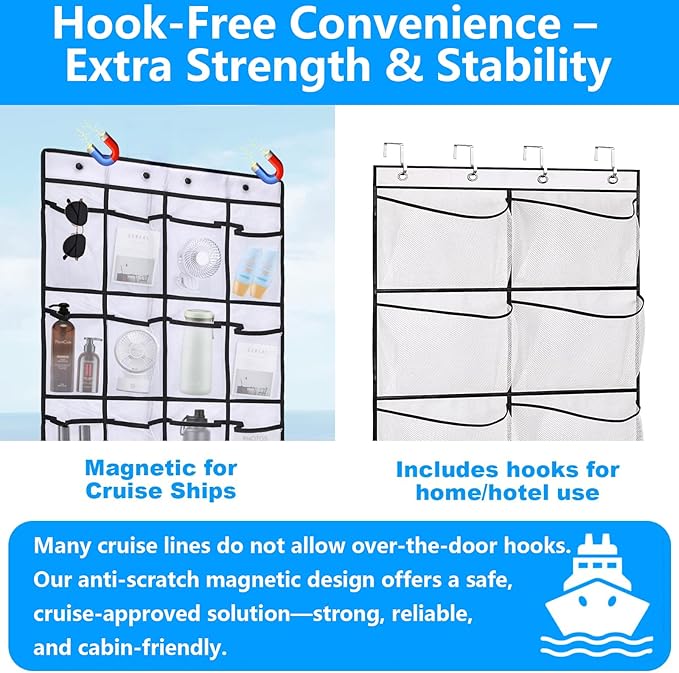 Cruise Approved Magnetic Door Organizer, 24 Mesh Pockets Over the Door Storage with Hooks, Magnetic Shoe Rack Holder for Cruise Ship Cabin, White 55x21 Inch