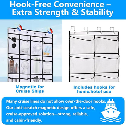 Cruise Approved Magnetic Door Organizer, 24 Mesh Pockets Over the Door Storage with Hooks, Magnetic Shoe Rack Holder for Cruise Ship Cabin, White 55x21 Inch