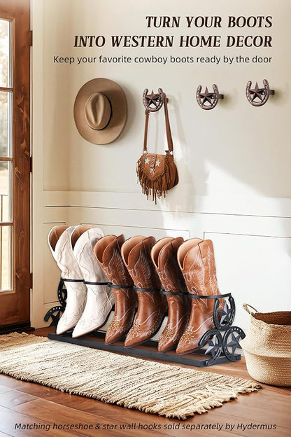 Western Horseshoe Boot Rack, Freestanding Metal Boot Stand for 3 Pairs, Adjustable Cowboy Boot Organizer with Texas Star Ends for Entryway or Mudroom, Gift for Cowboy Boot Lovers, Black