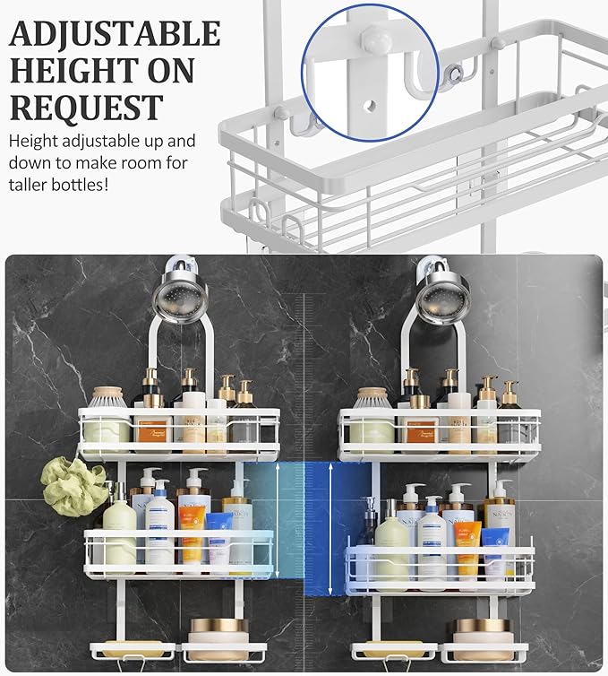 OMAIRA Shower Caddy Hanging with Soap Scrub Holder, Stainless Steel Adjustable No Drilling Non-Slip Large Capacity Sturdy Over Shower Head Shower Organizer Inside Shelves Bathroom Storage Rack, White