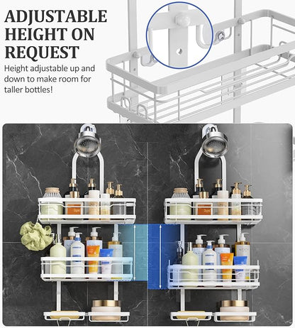 OMAIRA Shower Caddy Hanging with Soap Scrub Holder, Stainless Steel Adjustable No Drilling Non-Slip Large Capacity Sturdy Over Shower Head Shower Organizer Inside Shelves Bathroom Storage Rack, White