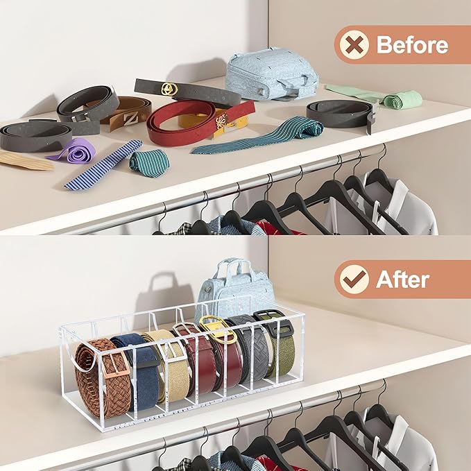 Belt Organizer, Acrylic Belt Storage Organizer for Closet with Dust Cover and Drawer,7 Compartments Transparent Display Case for Belts Best Gift for Men And Husband