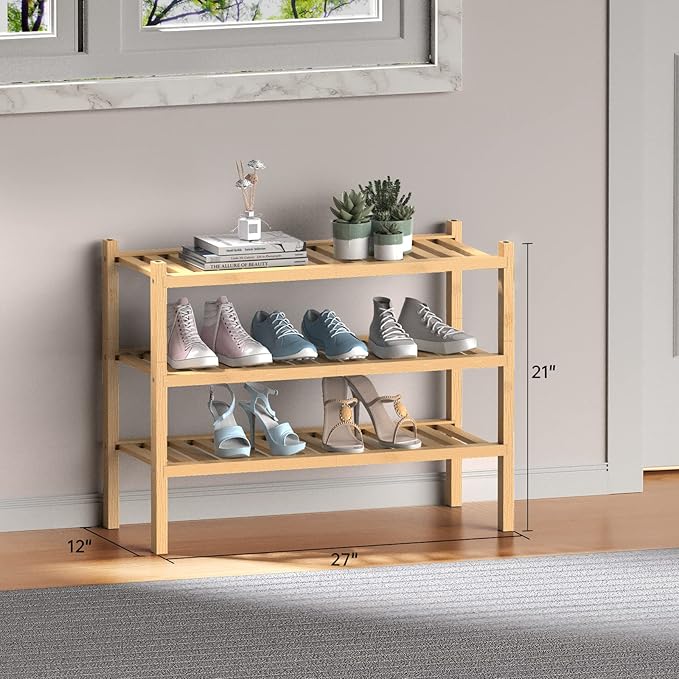 ROMGUAR CRAFT (Thick Bamboo Shoe Rack for Entryway, 3-Tier Free Standing Shoe Racks Stackable Shoe Rack Organizer for Hallway Closet Living Room 27 x12 x21 Inches