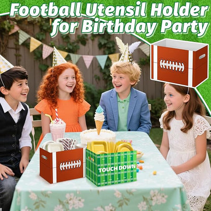 2PCS Football Utensil Holder Paper Utensil Caddy for Football Party Supplies Cutlery Holder with Handles Green Brown Party Favors Snack Box Disposable Cutlery Caddy for Sports Birthday Decorations