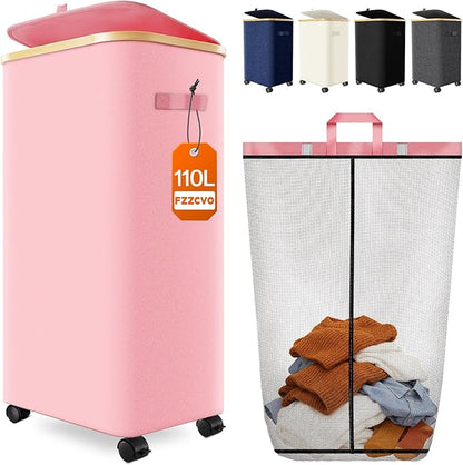 Laundry Hamper with Wheels, 110L Large Clothes Hamper with Removable Inner Bag, Collapsible Dirty Clothes Basket for Dorm, Rolling Dirty Clothes Basket for, Bedroom, Bathroom, Laundry Room