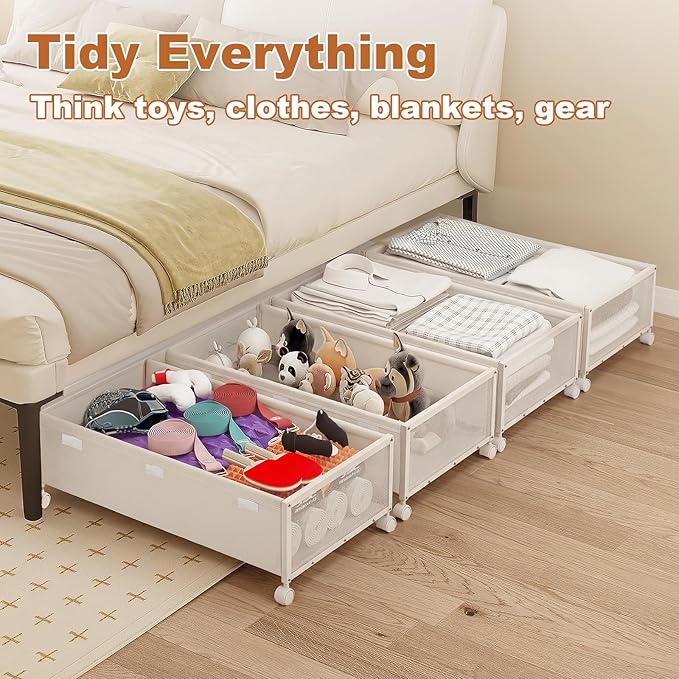 2 Pack Under the Bed Storage Containers,10 inch Height Under Bed Shoe Storage,31inch Long Underbed Storage with Wheels,Large Rolling under bed Clothes Storage Drawers with Lid for Dorm Tall ,Ivory