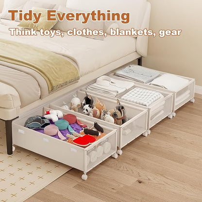 2 Pack Under the Bed Storage Containers,10 inch Height Under Bed Shoe Storage,31inch Long Underbed Storage with Wheels,Large Rolling under bed Clothes Storage Drawers with Lid for Dorm Tall ,Ivory