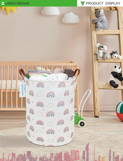 Laundry Basket Canvas Fabric Collapsible Organizer Basket for Storage Bin Toy Bins Gift Baskets Bedroom Clothes Children Nursery Hamper (Round Cloud Rainbow)