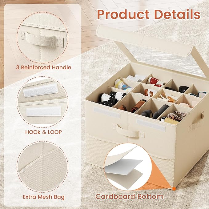 PHINOX Shoe Organizer for Closet, Fits 12-24 Pairs, Shoe Storage Bins with Clear Cover and Reinforced Handles, Foldable Shoe Storage Organizer, Space Saving Shoe Holder for Wardrobe, 2 Pack Beige