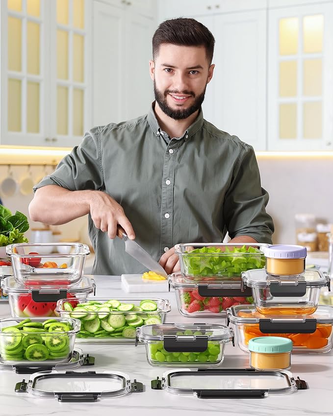 KEMETHY 40 PCS Glass Food Storage Containers with Lids(20 Container & 20 Lid), Borosilicate Glass Meal Prep Containers for Kitchen Storage and Organization, BPA-Free, Leak Proof, Reusable