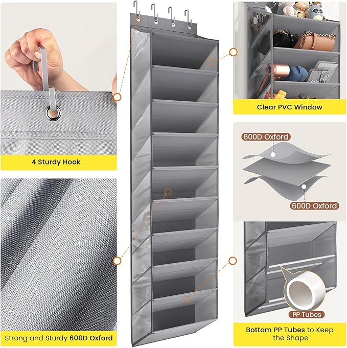 20-25 Pairs Over the Door Shoe Organizer, Clear Pockets Shoe Rack for Closet Door, 10-Tier Hanging Shoe Rack for Boots, Behind the Door Shoe Holder Fit All the Family's Sneakers, Boots, Heels, Grey