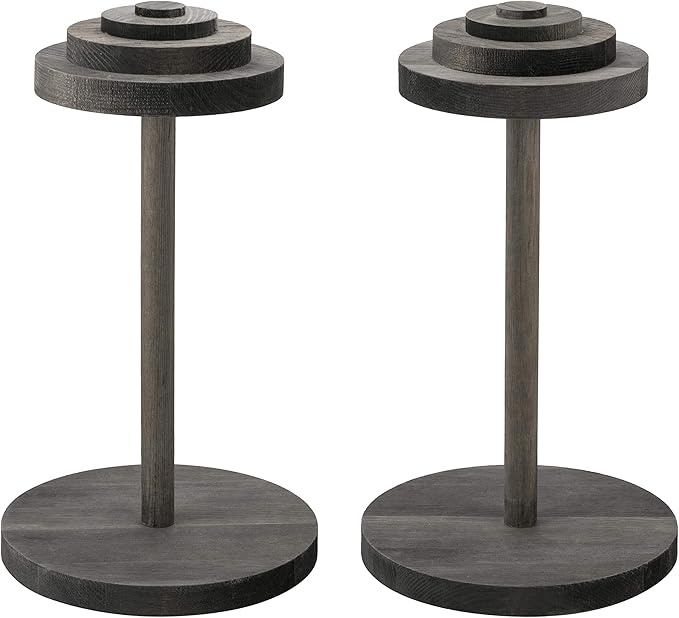 MyGift 2 Pcs Hat Holder Stand, Cowboy Hat Rack, Baseball Cap Organizer Storage, Wig Helmet Display Stand for Home, Salon, Entryway or Retail, Vintage Gray Solid Wood with Stacked Circular Discs Dome