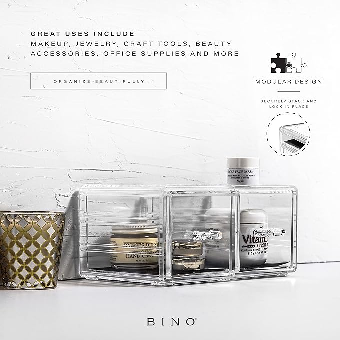 BINO THE MANHATTAN SERIES Acrylic Makeup Drawer Organizer- 2 Drawer Short | Clear Beauty Organizers and Storage| Cosmetic & Makeup Drawer| Home Organization| Jewelry & Vanity Accessories Drawers