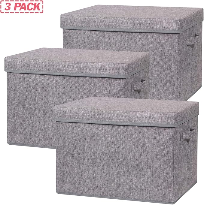 TENABORT 3 Pack Large Foldable Storage Box with Lids Fabric Storage Cube Organizer Cloth Containers Bins Baskets for Closet Clothes Clothing Bed Room