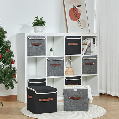 2PCS Storage Cubes with Lid Fabric Storage Bins Boxes PU Leather Handles Cotton Linen Closet Organizer Container Decorative Foldable Washable Shelf Cloth Basket (Flip-top Lid, Gray, 11in)