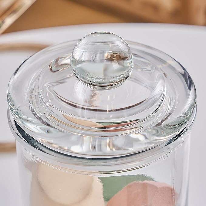 KMwares 3PCs Set Small Glass Premium Quality Apothecary Jars with lids Bathroom Accessories Set for Bathroom Laundry Room Storage Organizer Canisters Cotton Balls Q-Tips (Sliver jar)