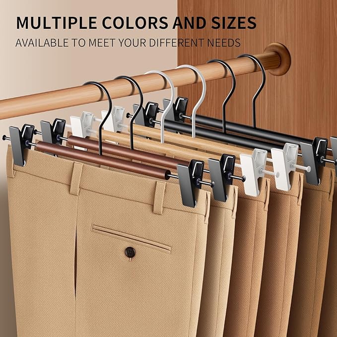 Wooden Pants Hangers with Clips 20 Pack Adjustable Wood Skirt Hangers for Women&Men Space Saving Closet Non Slip Clothes Hanger for Jeans,Trousers,Short,12Inch Natural
