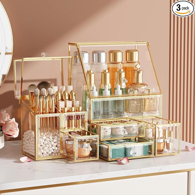 CoralHouse Clear Makeup Organizer with Gold Frame – Countertop Vanity Organizer for Skincare, Lipsticks, Perfume & Brushes – Bathroom Cosmetic Storage Display Box