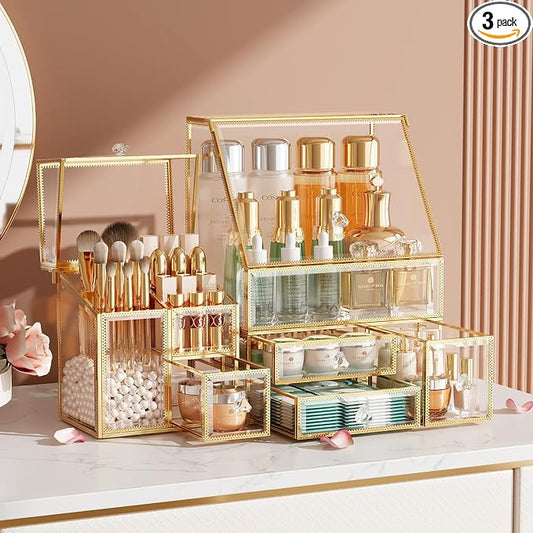 CoralHouse Clear Makeup Organizer with Gold Frame – Countertop Vanity Organizer for Skincare, Lipsticks, Perfume & Brushes – Bathroom Cosmetic Storage Display Box