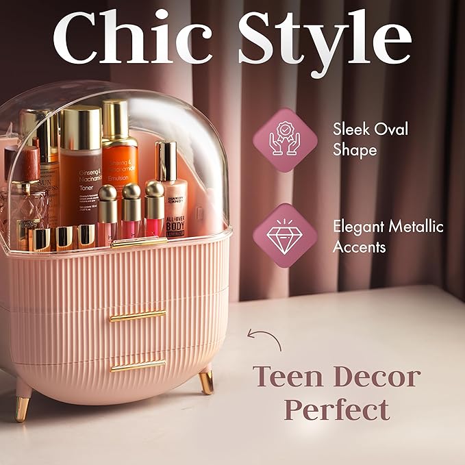 Covered Makeup Cosmetic Countertop - Large Cosmetic Organizer - Trendy Oval Shape Storage for Skin Care Organizer - Clear Lid, Storage Drawers, Carry Handle - Cute Stylish Decor Solution (Pink)