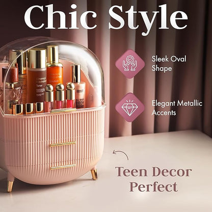 Covered Makeup Cosmetic Countertop - Large Cosmetic Organizer - Trendy Oval Shape Storage for Skin Care Organizer - Clear Lid, Storage Drawers, Carry Handle - Cute Stylish Decor Solution (Pink)