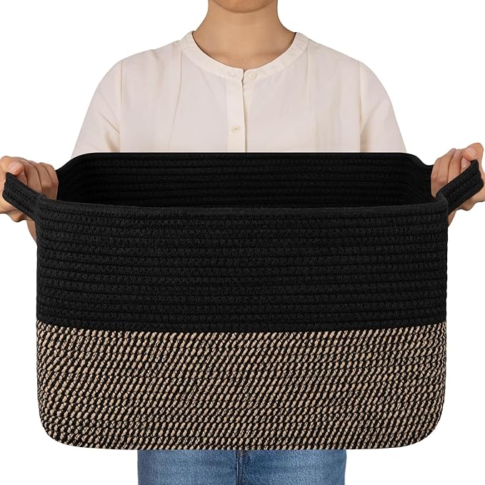 OIAHOMY Woven Storage Basket for Shelves, Rectangle Cotton Rope Baskets for Organizing, 16 x 12 x 10 in, Storage Bins for Dog Toys,Towel,Books,Gift,Black and Brown