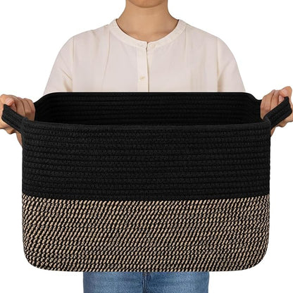 OIAHOMY Woven Storage Basket for Shelves, Rectangle Cotton Rope Baskets for Organizing, 16 x 12 x 10 in, Storage Bins for Dog Toys,Towel,Books,Gift,Black and Brown