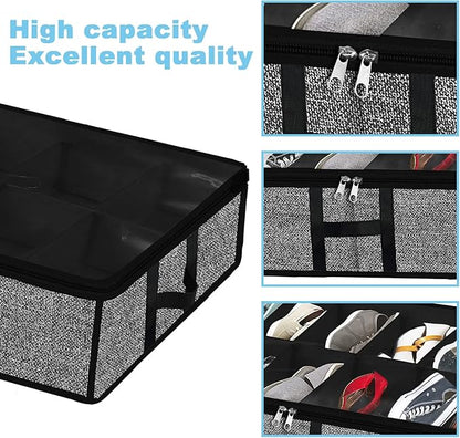 Under Bed Shoe Organizer Storage for Closet 2 Pack- Fits 24 Pairs Underbed Shoes Container Boxes with H Shap Sturdy Handles and Clear Window,Foldable Shoe Rack Holder,Black
