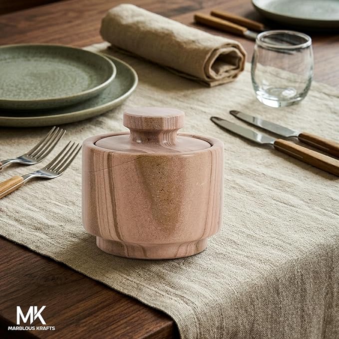 MARBLOUS KRAFTS Marble Salt Cellar 3" Inch Brown Salt Holder with Lid for Spice Jar & Stone Salt Container, Modern Sugar Bowl, Countertop Storage, Ideal Mother’s Day Gift, Home Decor