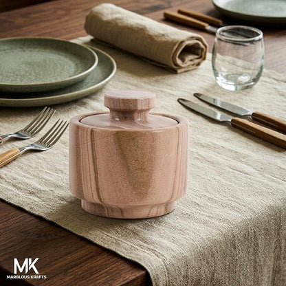 MARBLOUS KRAFTS Marble Salt Cellar 3" Inch Brown Salt Holder with Lid for Spice Jar & Stone Salt Container, Modern Sugar Bowl, Countertop Storage, Ideal Mother’s Day Gift, Home Decor