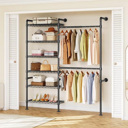 ONBRILL H2 Wall Mounted Clothing Rack, Expandable Industrial Pipe Clothes Rack Garment Racks for Hanging Clothes, Heavy Duty Closet Organizers and Storage in Closet System, Black