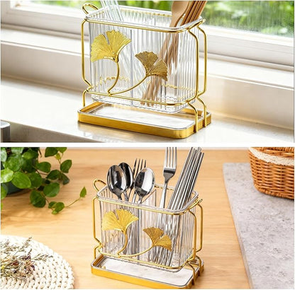 2-Compartment Transparent Silverware Organizer, Drip Tray, Suspended Utensil Caddy for Forks, Spoons, Knives, Elegant Cutlery Holder for Kitchen Countertop, Party Use