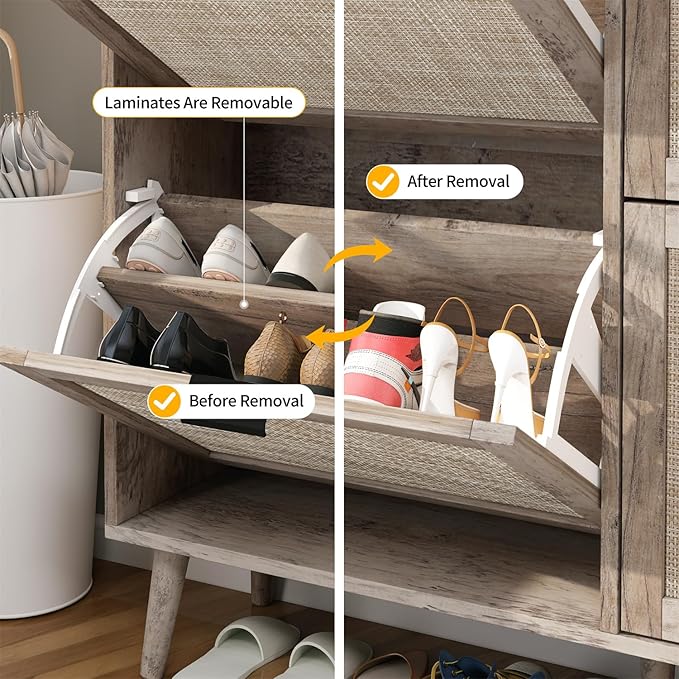 ZeHuoGe Rattan Shoe Cabinet with 4 Flip Drawers, Narrow Hidden Shoe Rack Rattan Storage Cabinet for Entryway, Large Shoe Organizer, Entrance Hallway (Dark Rustic Oak)