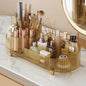 Booklov Rotating Makeup Organizer for Vanity, Large Capacity Cosmetic Display Case, Clear Acrylic Countertop Beauty Storage Holder for Skincare, Brush Eyeshadow Lipstick, Counter Desk, Crystal Amber