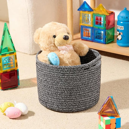 MiniArk Small Basket for Organizing | Cube Shelf Closet Storage Baskets | 9.7×9.7×7.1” | Woven Rope Gift Basket | Nursery | Round 3 Packs Dark Gray