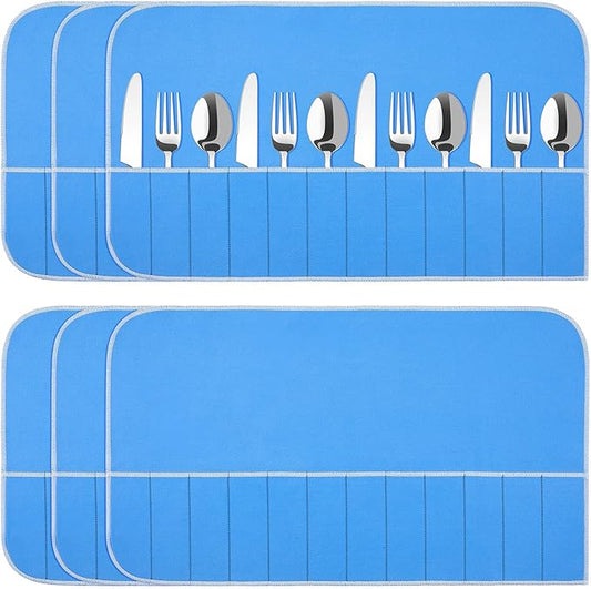 Saintrygo 6 Pieces Silver Storage Bags Anti Tarnish Silver Protector Bags Blue Holder for Silverware Flatware Storage Organizer Cloth Place Setting Roll with White Ribbon for Kitchen Utensils