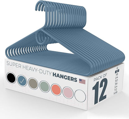 Super Heavy Duty Clothes Hangers 12 Pack – Made in the USA - 10lb Capacity, Thick Plastic Hangers for Pants, Coats, Jackets, Jeans and Adult Clothing – Blue